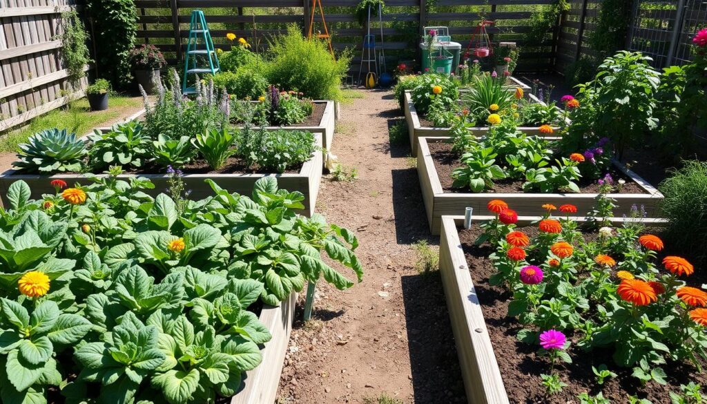 A beautiful beginner garden with raised beds containing vegetables and flowers