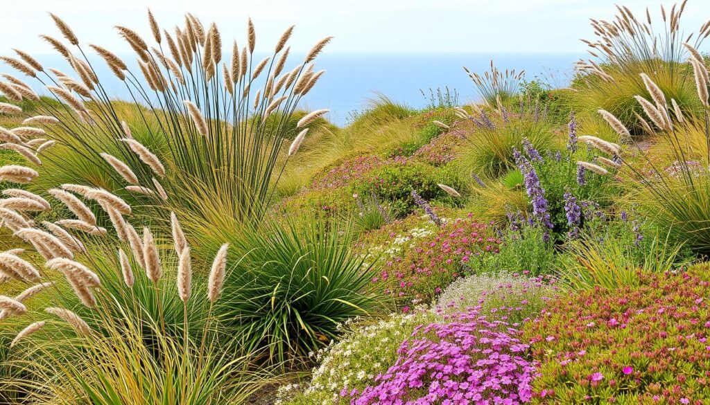 A beautiful established coastal garden in the UK with the sea in the background