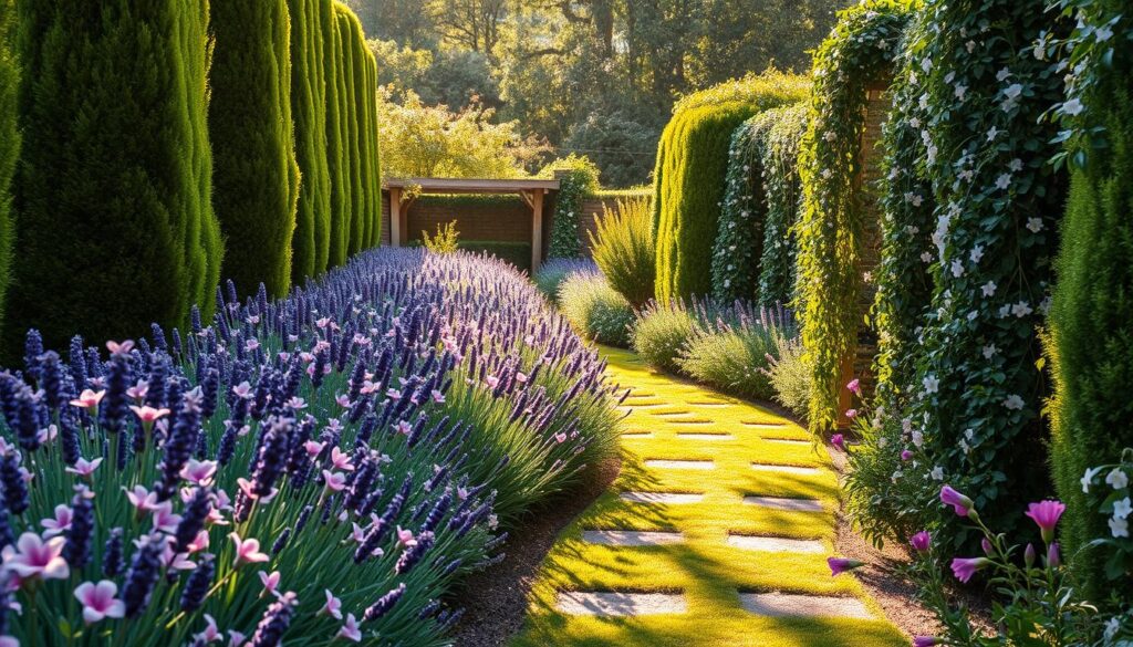 A beautifully curated scented flower bed lines a meandering garden path, bathed in soft, warm lighting. Lush, velvety petals of vibrant hues - lavender, jasmine, and sweet pea - sway gently in the breeze, their intoxicating fragrance filling the air. The path winds through the harmonious arrangement, inviting visitors to slow down and savor the sensory experience. Towering hedges and trailing vines frame the scene, creating a sense of enchantment and tranquility. Dappled sunlight filters through the foliage, casting a magical glow over the meticulously designed landscape. This photorealistic, well-lit image captures the essence of a functional, yet breathtakingly beautiful garden pathway. A beautifully curated scented flower bed lines a meandering garden path, bathed in soft, warm lighting. Lush, velvety petals of vibrant hues - lavender, jasmine, and sweet pea - sway gently in the breeze, their intoxicating fragrance filling the air. The path winds through the harmonious arrangement, inviting visitors to slow down and savor the sensory experience. Towering hedges and trailing vines frame the scene, creating a sense of enchantment and tranquility. Dappled sunlight filters through the foliage, casting a magical glow over the meticulously designed landscape. This photorealistic, well-lit image captures the essence of a functional, yet breathtakingly beautiful garden pathway.