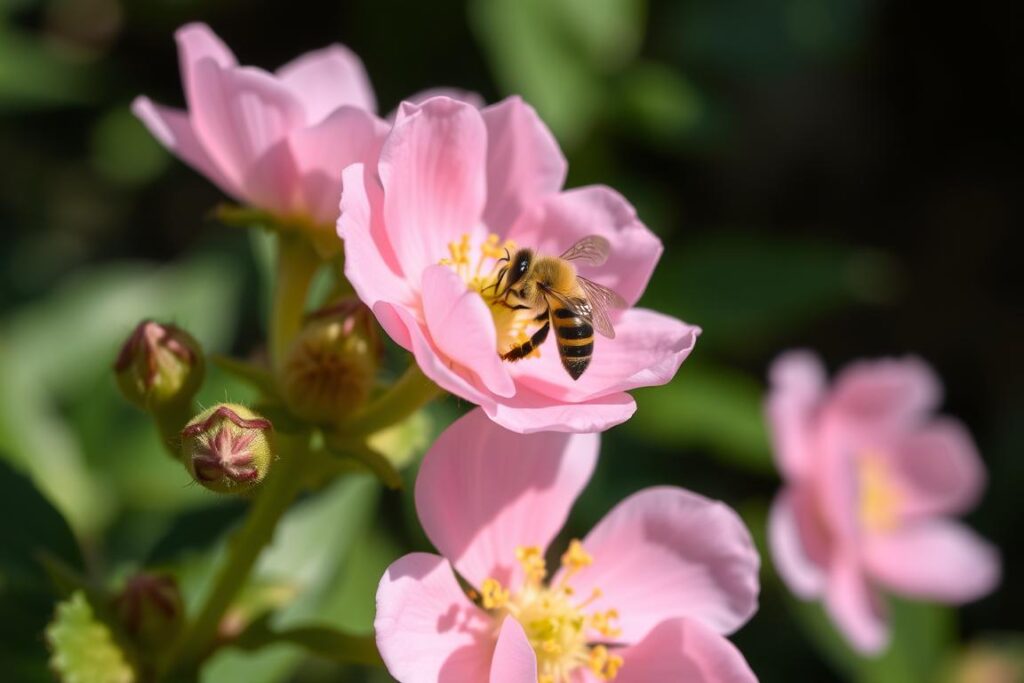 A bee visiting The Fairy rose flowers, showing its wildlife-friendly qualities