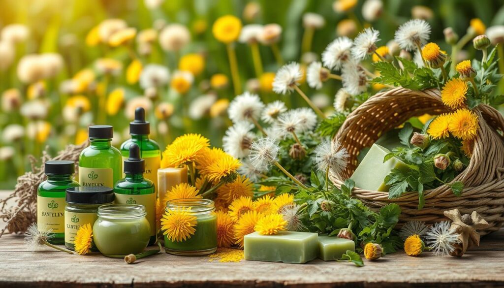A bountiful assortment of green dandelion products arranged in a meticulously lit and photorealistic scene. In the foreground, an array of dandelion-infused goods such as salves, tinctures, and soap bars gleam with a natural sheen. In the middle ground, clusters of fresh dandelion flowers and leaves spill out from woven baskets, their vibrant hues complementing the earthy tones of the wooden surfaces. The background features a lush, verdant garden setting, with blurred dandelion plants swaying gently in the soft, diffused light. The overall composition conveys a sense of harmony, celebrating the versatility and beauty of this humble, resilient plant.