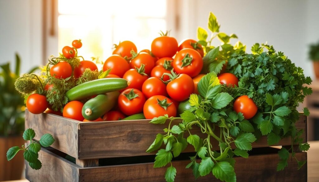 A bountiful harvest of fresh produce spills out from a rustic wooden crate, basking in warm, natural lighting that filters through a large window. Vibrant tomatoes, zucchini, leafy greens, and fragrant herbs are arranged in an inviting, artful display, capturing the essence of a thriving kitchen garden. The scene conveys a sense of abundance, with a focus on the beauty and variety of the homegrown ingredients, ready to be transformed into delicious Italian dishes. The image is captured from a slightly elevated angle, highlighting the textural details and colors of the fresh produce against a clean, minimalist background, creating a visually striking and appetizing composition.
