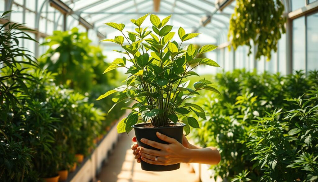 A bright, sunlit greenhouse interior with a central potted plant, its lush foliage gently swaying as it absorbs the concentrated carbon dioxide exhaled by a human figure standing nearby, their hands cupped around the plant as if in conversation. The plant's leaves appear to shimmer with vitality, a gentle glow emanating from within, while soft shadows cast by the figure and plant create a sense of interconnectedness. The background is filled with an array of thriving plants, their verdant hues contrasting with the warm, natural lighting that floods the space, creating an atmosphere of nurturing and growth. A bright, sunlit greenhouse interior with a central potted plant, its lush foliage gently swaying as it absorbs the concentrated carbon dioxide exhaled by a human figure standing nearby, their hands cupped around the plant as if in conversation. The plant's leaves appear to shimmer with vitality, a gentle glow emanating from within, while soft shadows cast by the figure and plant create a sense of interconnectedness. The background is filled with an array of thriving plants, their verdant hues contrasting with the warm, natural lighting that floods the space, creating an atmosphere of nurturing and growth.