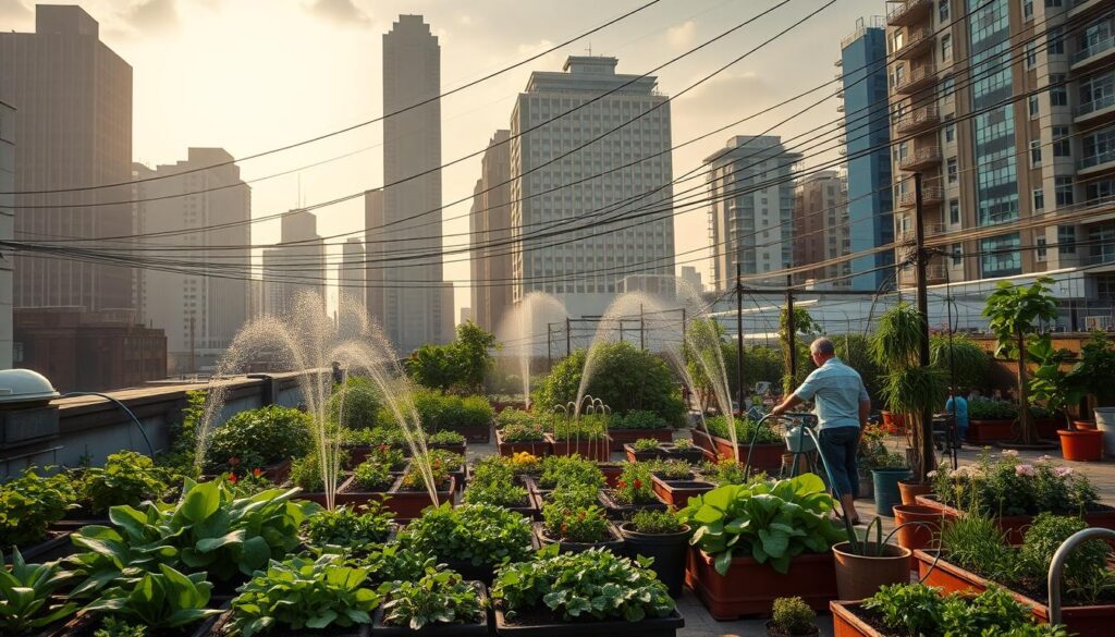 A bustling urban rooftop garden, surrounded by towering skyscrapers and a maze of power lines. In the foreground, a series of raised planter beds filled with an array of leafy greens, herbs, and vibrant flowers, all struggling to thrive in the limited space. The middle ground reveals a complex network of hoses, sprinklers, and manual watering cans, as the gardener navigates the challenges of delivering water to the diverse plants. In the background, the sky is filled with a warm, golden glow, casting a soft, diffused light across the scene, highlighting the inherent beauty and perseverance of urban gardening. The overall atmosphere conveys the resilience and resourcefulness required to cultivate a thriving oasis amidst the concrete jungle. A bustling urban rooftop garden, surrounded by towering skyscrapers and a maze of power lines. In the foreground, a series of raised planter beds filled with an array of leafy greens, herbs, and vibrant flowers, all struggling to thrive in the limited space. The middle ground reveals a complex network of hoses, sprinklers, and manual watering cans, as the gardener navigates the challenges of delivering water to the diverse plants. In the background, the sky is filled with a warm, golden glow, casting a soft, diffused light across the scene, highlighting the inherent beauty and perseverance of urban gardening. The overall atmosphere conveys the resilience and resourcefulness required to cultivate a thriving oasis amidst the concrete jungle.