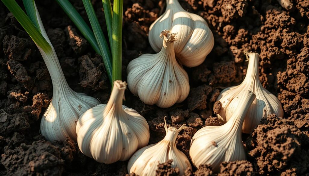 A close-up photograph of fresh garlic bulbs nestled in rich, dark soil. The bulbs are plump and vibrant, their papery skins peeled back to reveal the pungent cloves. The soil is loamy and crumbly, teeming with life-giving microorganisms. Warm, diffused sunlight casts a gentle glow, highlighting the earthy tones and textures. The scene conveys the nutritional benefits of garlic for soil health, with the bulbs appearing as a nourishing, natural amendment. The composition is balanced, drawing the viewer's eye to the harmonious integration of plant and earth.