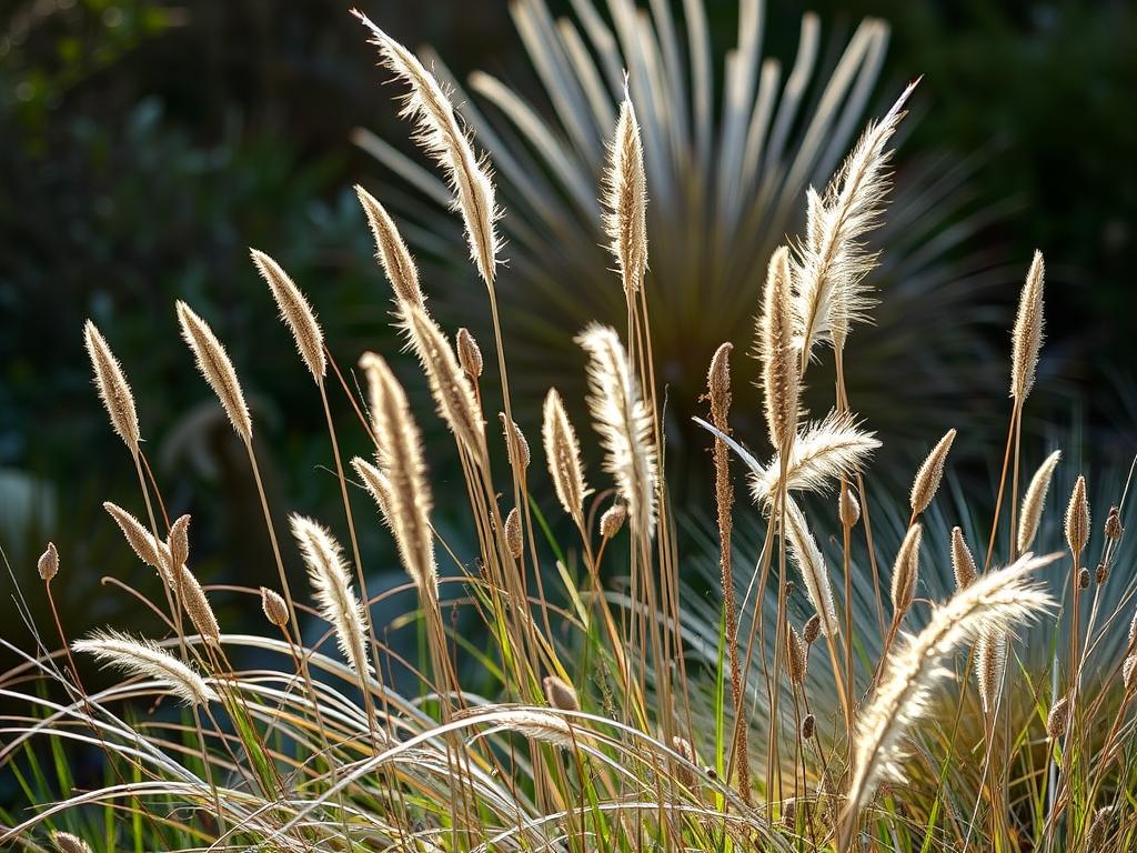 A coastal garden in autumn with ornamental grasses and seedheads in the UK