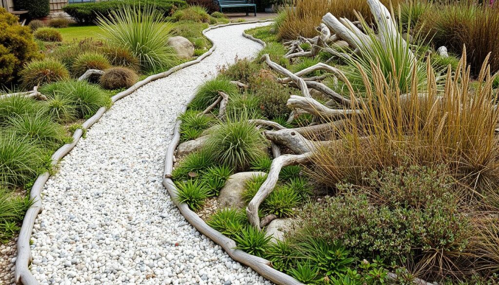 A coastal garden path made with driftwood edges and shell mulch in the UK