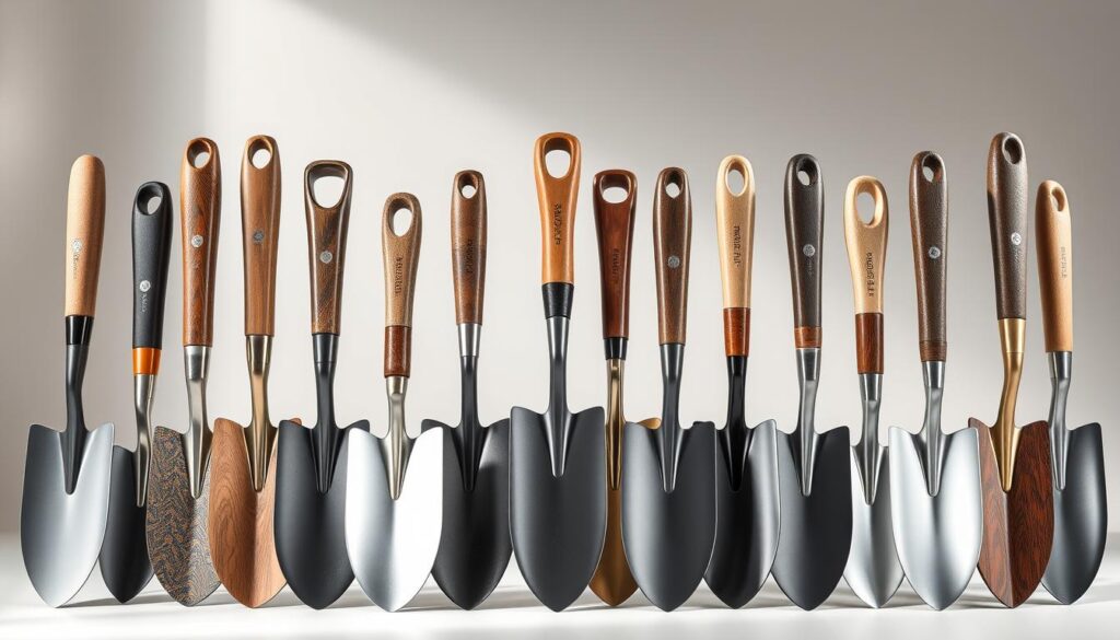 A collection of visually striking ergonomic trowels, meticulously captured in a well-lit, photorealistic setting. The foreground features an array of diverse trowel designs, each with distinctive shapes, textures, and materials that prioritize user comfort and efficiency. The middle ground showcases the ergonomic handles, ergonomically angled blades, and thoughtful grip patterns that reduce hand strain and fatigue. The background maintains a clean, minimal aesthetic, allowing the trowels to take center stage and highlight their practical yet elegant design. The overall mood is one of refined professionalism, showcasing the importance of considering ergonomics in everyday gardening tools.