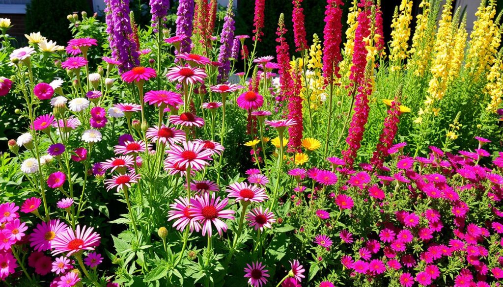 A cottage garden border featuring Erigeron karvinskianus with geraniums and verbena