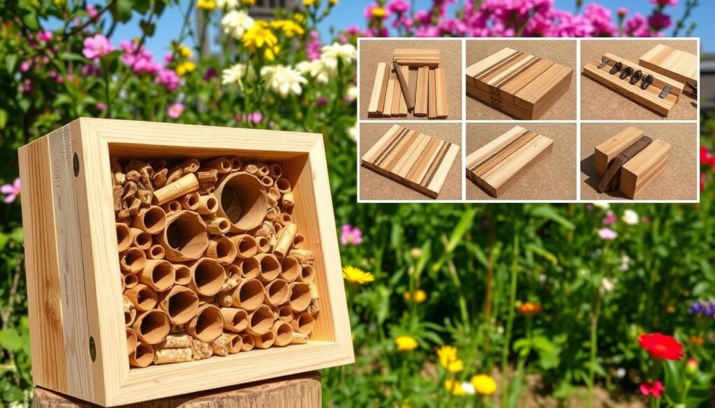 A detailed, step-by-step DIY guide for constructing a simple, rustic bee hotel. In the foreground, a wooden box or frame filled with various nesting materials like hollow reeds, bamboo tubes, and drilled wood blocks. In the middle ground, the construction process is illustrated with close-up views of the assembly steps. The background features a lush, vibrant garden setting with blooming flowers, greenery, and a clear blue sky. Warm, natural lighting illuminates the scene, highlighting the organic textures and materials. The overall mood is one of environmental conservation and sustainable backyard beekeeping.