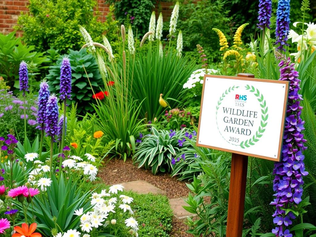 A garden with the RHS Wildlife Garden Award plaque displayed