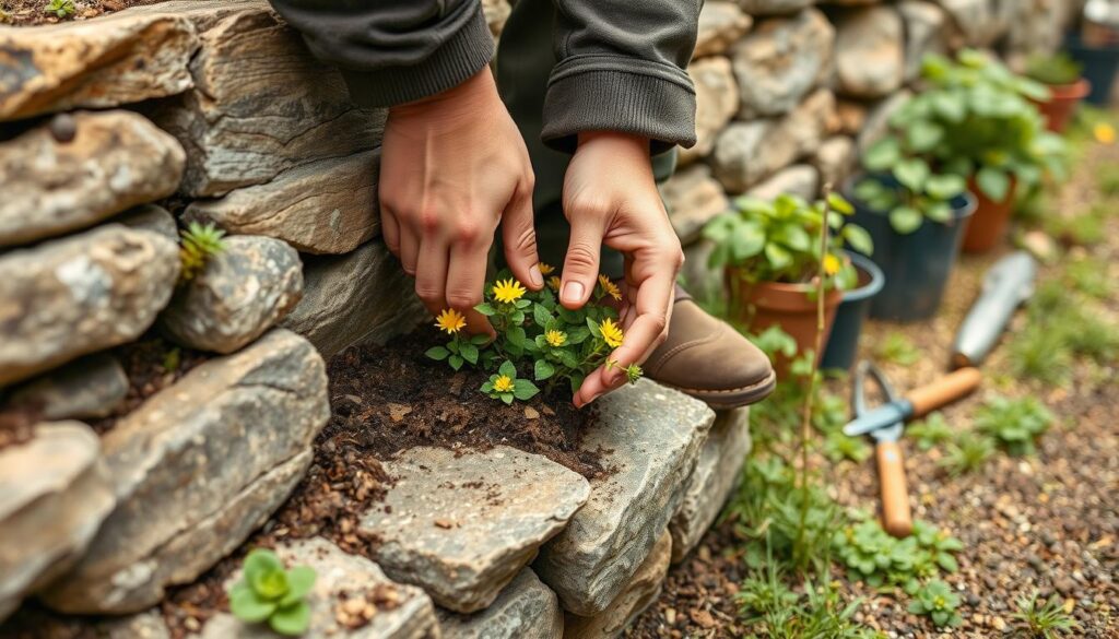 A gardener planting Erigeron karvinskianus in a stone wall in a UK garden