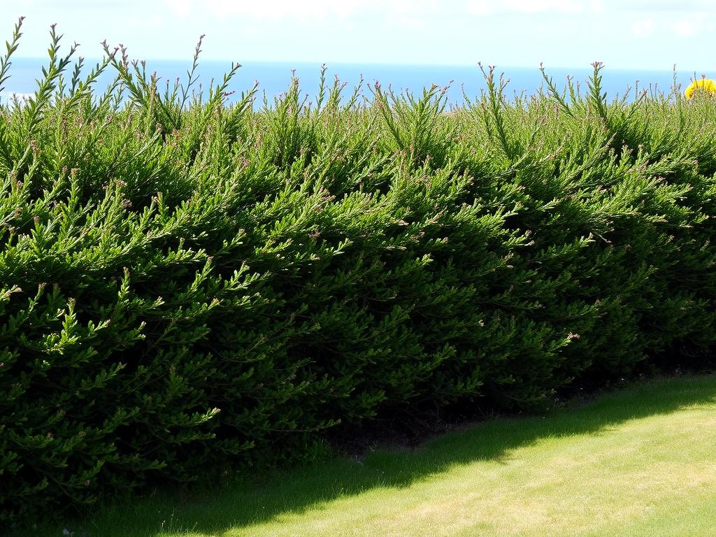 A hawthorn hedge serving as a windbreak in a coastal garden in the UK