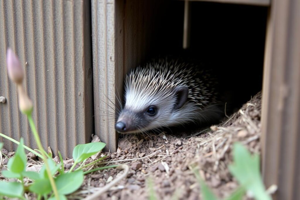 A hedgehog using a small hole in a garden fence - a hedgehog highway