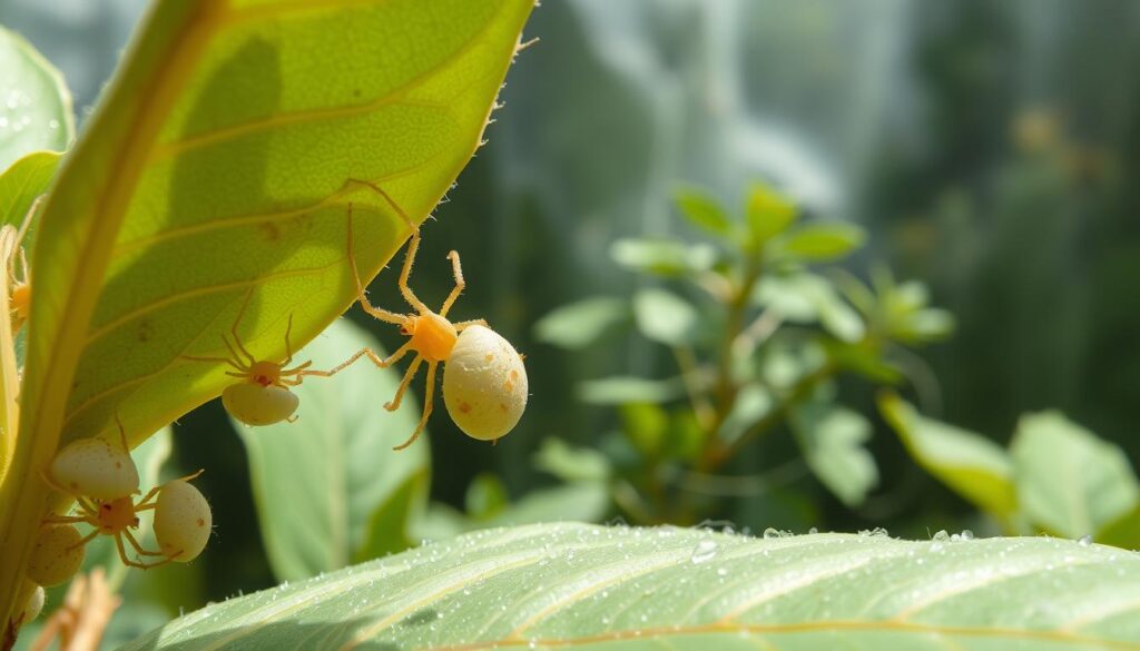 A high-resolution, photorealistic image of environmental factors affecting spider mites. In the foreground, a close-up view of spider mites feeding on the underside of a leaf, their bodies glistening with moisture. In the middle ground, a lush green plant with visible signs of stress, such as discoloration and webbing. In the background, a hazy, atmospheric setting depicting environmental conditions like temperature, humidity, and light levels that influence the mites' behavior and population growth. The lighting is natural and well-lit, accentuating the intricate details of the spider mites and the plant's surface texture.