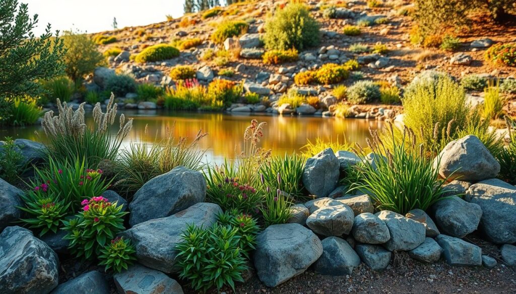 A lush, flourishing rock garden nestled in a serene natural setting. In the foreground, an array of vibrant, drought-resistant plants cascade over a well-placed arrangement of weathered, textured rocks. The middle ground showcases a tranquil pond, its surface reflecting the surrounding greenery and the warm, golden light of the sun. In the background, a gently rolling hill is adorned with a diverse mix of native flora, creating a harmonious, eco-friendly landscape. The scene conveys a sense of balance, sustainability, and the powerful connection between man-made and natural elements. Photorealistic and well-lit, this image captures the environmental benefits of a thoughtfully designed rock garden.