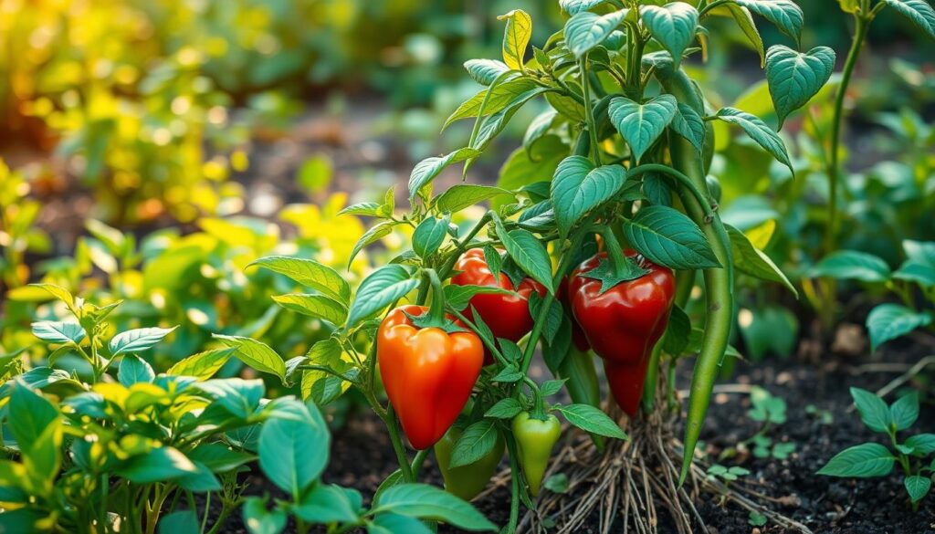 A lush garden landscape, with companion planting mistakes in the foreground. In the center, vibrant pepper plants and bean vines are intertwined, their leaves touching and roots competing for nutrients. The background features a well-tended vegetable patch, but the clash between the two crops creates an imbalance. Warm, natural lighting illuminates the scene, highlighting the tension between the mismatched plants. The composition emphasizes the consequences of poor companion planting choices, inviting the viewer to observe the subtle dynamics at play. A photorealistic, well-lit depiction of a common gardening pitfall.
