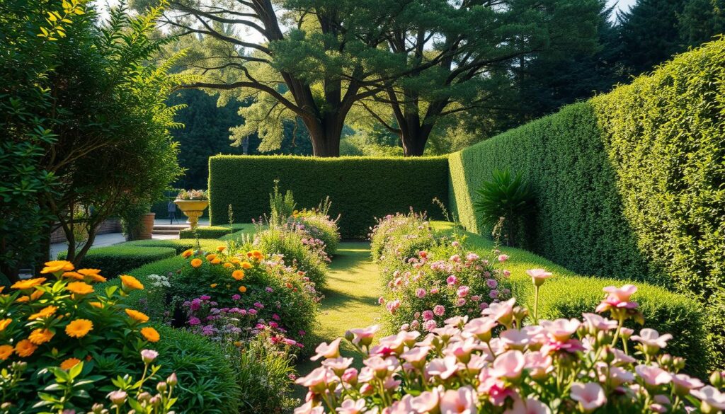 A lush, meticulously designed garden layout, showcasing the strategic positioning of fragrant plants to create a sensory experience. The foreground features a variety of flowering shrubs and perennials, their petals gently swaying in a warm breeze. The middle ground is occupied by towering specimen trees, their canopies casting soft, dappled light onto the scene. In the background, a well-manicured hedge frames the garden, accentuating the depth and dimensionality. The lighting is warm and natural, enhancing the vibrant colors and bringing out the textures of the foliage. The overall composition is visually balanced and harmonious, inviting the viewer to immerse themselves in the tranquil, fragrant atmosphere.