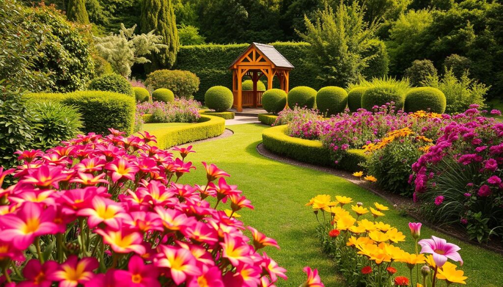 A lush, meticulously planned garden with a harmonious color palette. In the foreground, vibrant flowers in hues of pink, purple, and yellow burst forth, artfully arranged in complementary patterns. The middle ground features a gently winding path, flanked by neatly trimmed hedges and dense, verdant foliage. In the background, a quaint gazebo stands, its wooden structure casting gentle shadows across the scene. The lighting is soft and natural, bathing the entire landscape in a warm, golden glow. The perspective is slightly elevated, allowing the viewer to take in the full scope of this carefully curated oasis of color and tranquility. A lush, meticulously planned garden with a harmonious color palette. In the foreground, vibrant flowers in hues of pink, purple, and yellow burst forth, artfully arranged in complementary patterns. The middle ground features a gently winding path, flanked by neatly trimmed hedges and dense, verdant foliage. In the background, a quaint gazebo stands, its wooden structure casting gentle shadows across the scene. The lighting is soft and natural, bathing the entire landscape in a warm, golden glow. The perspective is slightly elevated, allowing the viewer to take in the full scope of this carefully curated oasis of color and tranquility.