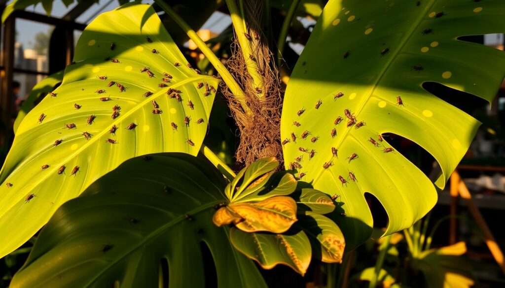 A lush monstera plant, its leaves adorned with yellow spots and webbing, surrounded by a swarm of tiny insects swarming and feeding on its vulnerable foliage. The scene is bathed in warm, directional lighting that casts dramatic shadows, highlighting the plant's textured surface and the pests' movements. In the foreground, a cluster of mottled, discolored leaves draws the viewer's attention to the infestation, while the background reveals a cluttered greenhouse or indoor setting, adding to the sense of an encroaching threat. The image conveys a sense of unease and the need for intervention, emphasizing the hidden dangers that can lurk within the beauty of a monstera plant.