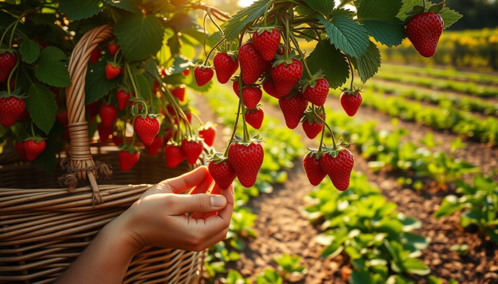 A lush strawberry patch, the sun's rays gently caressing the ripe, crimson berries as they hang from their leafy vines. A weathered wicker basket rests nearby, ready to be filled with the sweet, juicy harvest. In the foreground, a pair of calloused hands carefully plucks the berries, each one a testament to the farmer's diligence and the plant's nurturing. The background reveals a verdant, well-tended garden, its rich soil and neatly arranged rows a testament to the grower's expertise. The scene is bathed in a warm, golden light, capturing the essence of a bountiful summer harvest. A lush strawberry patch, the sun's rays gently caressing the ripe, crimson berries as they hang from their leafy vines. A weathered wicker basket rests nearby, ready to be filled with the sweet, juicy harvest. In the foreground, a pair of calloused hands carefully plucks the berries, each one a testament to the farmer's diligence and the plant's nurturing. The background reveals a verdant, well-tended garden, its rich soil and neatly arranged rows a testament to the grower's expertise. The scene is bathed in a warm, golden light, capturing the essence of a bountiful summer harvest.