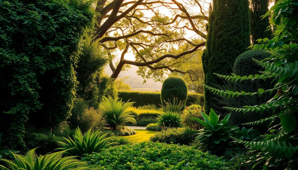 A lush, verdant backyard with a captivating layered composition. In the foreground, a vibrant mix of textures and shapes - towering ferns, cascading vines, and plush groundcover. The middle layer features stately trees, their branches creating a natural canopy that filters the warm, directional sunlight. Framing the scene, a distant treeline fades into a hazy horizon, adding depth and atmosphere. The lighting is soft and naturalistic, casting gentle shadows and highlights that accentuate the three-dimensional qualities of the foliage. The overall mood is serene and contemplative, inviting the viewer to immerse themselves in this verdant, layered landscape.