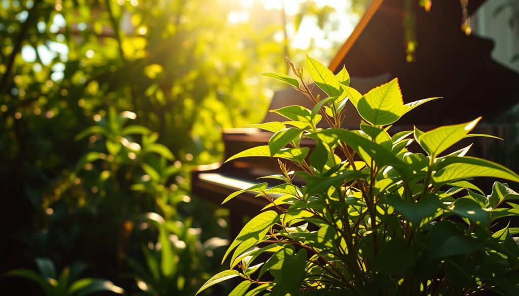 A lush, verdant garden bathed in warm, golden sunlight. In the foreground, a vibrant, thriving houseplant sways gently to the melodic tones of a classical piano playing softly in the background. The plant's leaves seem to dance and respond to the music, as if in a harmonious dialogue. The scene conveys a sense of tranquility and the symbiotic relationship between music and plant growth. The camera angle is slightly elevated, offering a serene, contemplative perspective on this captivating interplay between nature and art. A lush, verdant garden bathed in warm, golden sunlight. In the foreground, a vibrant, thriving houseplant sways gently to the melodic tones of a classical piano playing softly in the background. The plant's leaves seem to dance and respond to the music, as if in a harmonious dialogue. The scene conveys a sense of tranquility and the symbiotic relationship between music and plant growth. The camera angle is slightly elevated, offering a serene, contemplative perspective on this captivating interplay between nature and art.