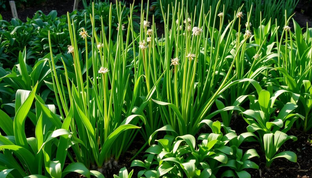 A lush, verdant garden bed in the warm afternoon sun, featuring an abundant arrangement of companion-planted garlic. Rows of tall, slender garlic plants with vibrant green stalks and delicate white flowers stand alongside thriving leafy greens, their broad leaves casting gentle shadows. The soil is rich and dark, nourishing the plants' intertwined roots. A sense of harmony and natural balance pervades the scene, hinting at the symbiotic relationship between the garlic and its neighboring crops. The composition is balanced, with the garlic plants taking center stage, their strong vertical forms complemented by the softer, more horizontal shapes of the surrounding foliage. The lighting is natural and diffused, creating a warm, inviting atmosphere that showcases the lush, verdant abundance of this carefully curated companion planting arrangement.