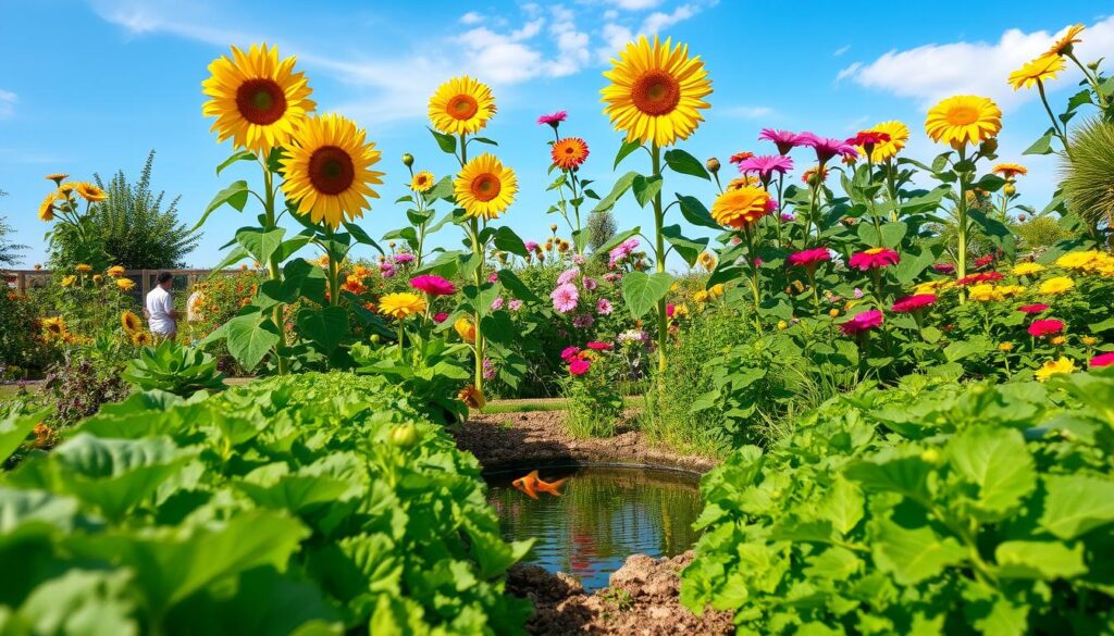 A lush, verdant garden filled with a vibrant mix of edible plants and colorful ornamentals. In the foreground, rows of thriving vegetables and herbs, their leaves rustling gently in a soft breeze. Towering sunflowers and zinnias burst with vibrant hues, drawing the eye upwards towards a cloudless, azure sky. In the middle ground, a small pond reflects the scene, its surface rippling with the movements of schools of happy koi. The overall atmosphere conveys a sense of abundance, harmony, and resilience, showcasing how a diverse, integrated garden can enhance food security while delighting the senses.