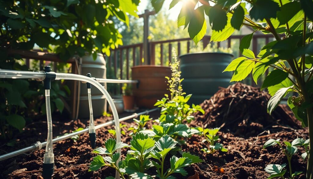 A lush, verdant garden scene, capturing various cost-effective plant watering strategies. In the foreground, an intricate drip irrigation system waters plants efficiently, with clear tubing and strategically placed emitters. The middle ground showcases a rain harvesting barrel, collecting precious rainwater for later use. In the background, a well-tended compost pile nourishes the soil, reducing the need for frequent watering. Sunlight filters through the leaves, casting a warm, natural glow over the entire scene. The overall composition conveys a sense of harmony and sustainability, inspiring the viewer to implement these techniques in their own garden.