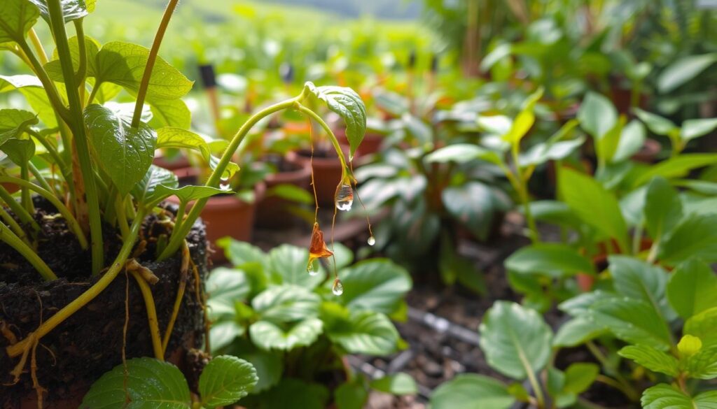 A lush, verdant garden scene. In the foreground, a close-up view of a potted plant, its leaves wilting and stems drooping, waterlogged soil surrounding the base. Droplets of excess moisture cling to the foliage, creating a glistening, almost humid atmosphere. The middle ground features a variety of healthy, thriving plants, their leaves vibrant and robust, in contrast to the struggling specimen. In the background, a softly blurred landscape of greenery, with a warm, natural lighting that casts a gentle glow over the entire scene, emphasizing the delicate balance between nurturing and overindulgence in plant care.