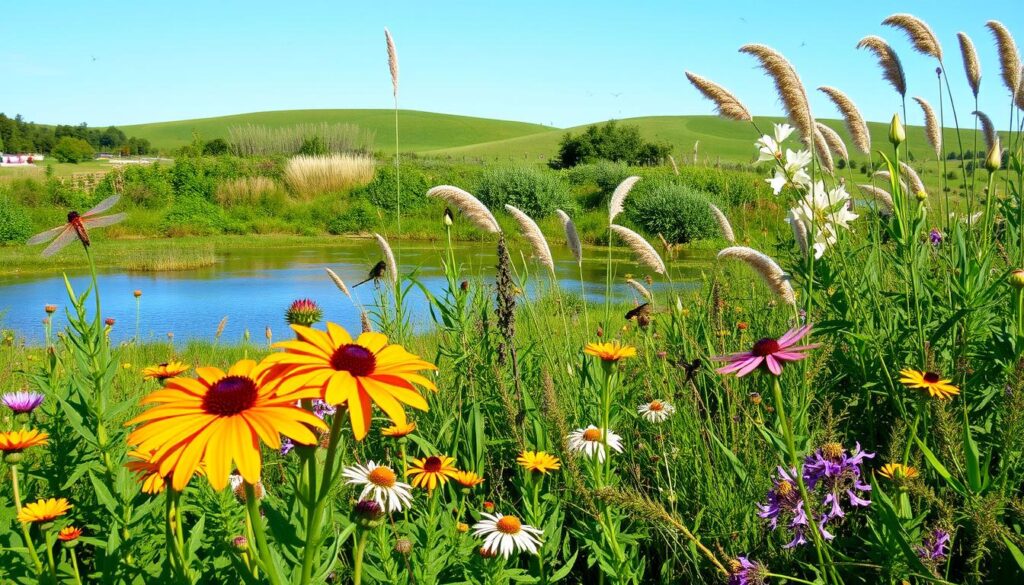 A lush, verdant garden teeming with diverse wildlife. In the foreground, vibrant wildflowers sway gently in a soft breeze, their petals catching the warm glow of the afternoon sun. Nearby, a tranquil pond reflects the azure sky, its surface rippling as dragonflies dart across the water. In the middle ground, a variety of native plants and shrubs provide shelter and sustenance for a symphony of buzzing insects, fluttering butterflies, and chirping birds. The background is punctuated by the gentle undulation of rolling hills, dotted with clusters of tall, swaying grasses. The overall scene exudes a sense of harmonious coexistence, where nature and human habitation exist in perfect balance.