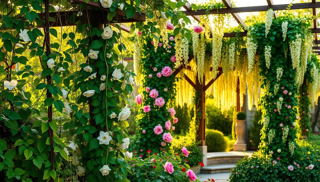 A lush, verdant garden with climbing vines and flowers cascading down trellises, bathed in warm, golden sunlight. In the foreground, delicate tendrils of ivy and jasmine wind their way up the support structures, their fragrant blooms gently swaying in the gentle breeze. The middle ground features a variety of climbing roses, their vibrant petals contrasting with the deep green foliage. In the background, a pergola draped with wisteria and honeysuckle creates a serene, inviting atmosphere, the sweet scents wafting through the air. The overall scene conveys a sense of tranquility and the natural harmony between the blooming plants and their environment.