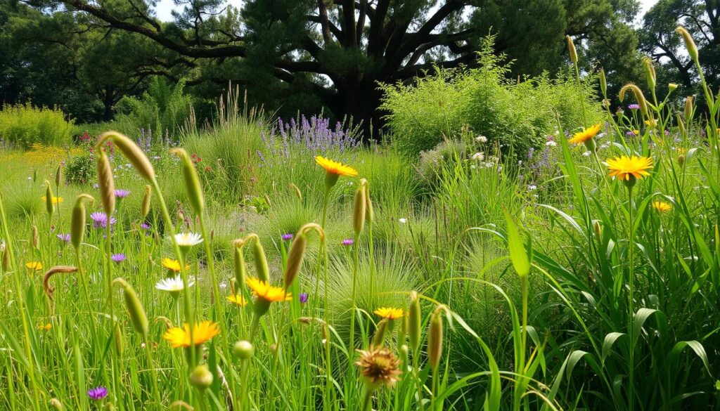 A lush, verdant landscape of native plants thriving in a serene, well-lit environment. In the foreground, a tapestry of vibrant wildflowers and grasses sway gently in a soft breeze. The middle ground features an assortment of indigenous shrubs and perennials, their intricate foliage and blooms adding depth and texture to the scene. In the background, a towering canopy of mature native trees casts a warm, dappled light across the entire composition. The overall atmosphere is one of natural harmony and enhanced biodiversity, inviting exploration and appreciation of the beauty of local flora.