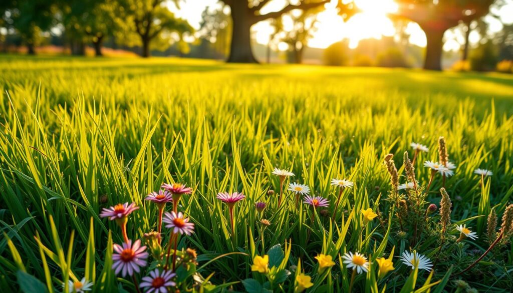 A lush, verdant no-mow lawn stretches out under a warm, golden afternoon sun. Soft blades of grass sway gently in a light breeze, their tips glimmering with morning dew. In the foreground, vibrant wildflowers - purple, yellow, and white - dot the landscape, creating a natural, eco-friendly tapestry. The middle ground features a scattering of low-growing native plants, their leaves rustling softly. Framing the scene, mature trees rise up in the background, their branches casting dappled shadows across the tranquil setting. The overall atmosphere is one of serenity and harmony, showcasing the beauty of a sustainable, low-maintenance lawn.