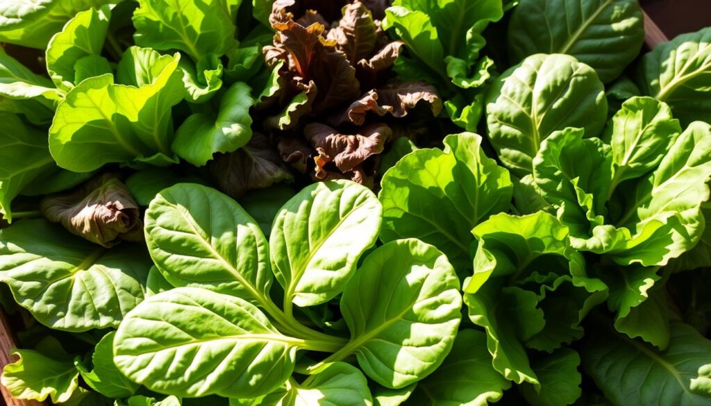 A lush, vibrant arrangement of fresh leafy greens, including spinach, kale, and romaine lettuce, illuminated by soft, natural lighting. The leaves are crisp and verdant, with delicate textures and intricate veining visible. The greens are displayed in a rustic, wooden crate or basket, lending an organic, farm-fresh aesthetic. The lighting casts gentle shadows, highlighting the depth and dimension of the foliage. The overall scene exudes a sense of freshness, vibrancy, and the abundance of nature, perfectly capturing the essence of a "Leafy Greens: Adding Freshness" section for the "Grow a Pizza Garden" article.