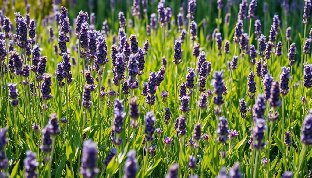 A lush, vibrant field of lavender plants, their delicate purple blooms gently swaying in the breeze. Amid the verdant foliage, subtle signs of disease are visible - yellowing leaves, wilting stems, and discolored blossoms. The camera captures this scene in crisp, photorealistic detail, illuminated by warm, natural lighting that casts soft shadows and highlights the textures of the plants. The composition draws the viewer's eye to the afflicted areas, inviting close inspection of the common maladies that can plague this beloved herb. The overall mood is one of concern and educational interest, guiding the viewer to better understand the challenges of lavender cultivation.