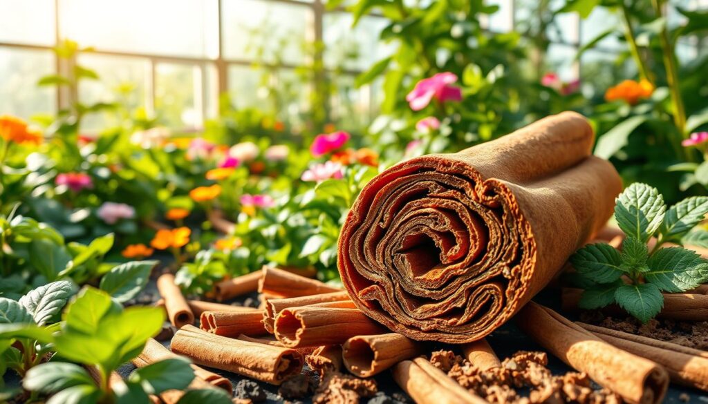A lush, vibrant garden scene showcasing the nutritional benefits for plants. In the foreground, a cross-section of a cinnamon stick, its intricate layers and rich tones illuminated by soft, natural lighting. Surrounding it, an array of thriving plants - leafy greens, vibrant flowers, and verdant foliage - all nourished by the cinnamon's antifungal properties. In the middle ground, a scattering of cinnamon sticks, their warm hues complementing the verdant landscape. The background features a serene, sun-dappled greenhouse, its glass panels reflecting the lush, healthy plants. The overall composition conveys the harmonious relationship between cinnamon and plant life, a testament to the secret role of this versatile spice.