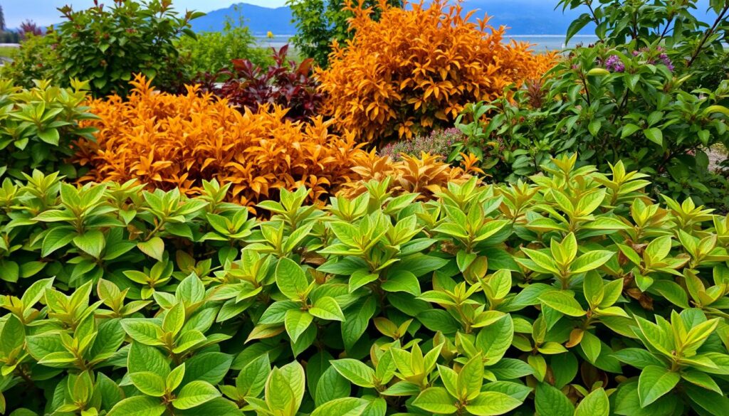 A lush, vibrant garden scene with a harmonious blend of foliage colors. In the foreground, a tapestry of verdant leaves in shades of emerald, olive, and chartreuse. The middle ground features a mix of warm tones, including russet, ochre, and sienna, creating a striking contrast. In the background, a soft gradient of cool blues and purples, hinting at the distant landscape. The lighting is natural and diffused, casting a gentle glow that accentuates the diverse hues. The overall composition is well-balanced, inviting the viewer to appreciate the beauty of nature's color palette. A lush, vibrant garden scene with a harmonious blend of foliage colors. In the foreground, a tapestry of verdant leaves in shades of emerald, olive, and chartreuse. The middle ground features a mix of warm tones, including russet, ochre, and sienna, creating a striking contrast. In the background, a soft gradient of cool blues and purples, hinting at the distant landscape. The lighting is natural and diffused, casting a gentle glow that accentuates the diverse hues. The overall composition is well-balanced, inviting the viewer to appreciate the beauty of nature's color palette.