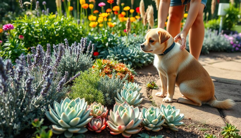A lush, vibrant garden with a variety of pet-friendly plants arranged in an inviting layout. In the foreground, a small dog sits attentively, focused on its owner who is gently guiding it away from a row of low-growing, non-toxic succulents. The middle ground features a variety of textured, soft-leaved plants like lavender, sage, and thyme, creating a visually appealing and safe environment for the pet. The background showcases a well-tended flower bed, with tall, colorful blooms adding depth and dimension to the scene. The lighting is natural and warm, highlighting the textures and colors of the plants, and the overall atmosphere is one of tranquility and harmony between the pet and its carefully curated garden habitat.