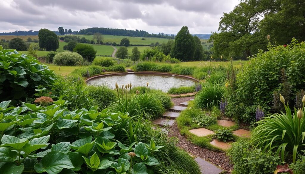 A lush, vibrant rain garden nestled in a verdant British landscape. The foreground showcases a variety of native plants, their leaves glistening with recent rainfall. Meandering pathways wind through the garden, inviting exploration. In the middle ground, a soothing pond reflects the cloudy sky above, its surface rippling with the gentle patter of drops. Surrounding the garden, a backdrop of rolling hills and towering trees creates a serene, picturesque setting. The lighting is soft and diffused, casting a warm, natural glow over the entire scene. This photorealistic image captures the essence of a successful rain garden thriving in the United Kingdom. A lush, vibrant rain garden nestled in a verdant British landscape. The foreground showcases a variety of native plants, their leaves glistening with recent rainfall. Meandering pathways wind through the garden, inviting exploration. In the middle ground, a soothing pond reflects the cloudy sky above, its surface rippling with the gentle patter of drops. Surrounding the garden, a backdrop of rolling hills and towering trees creates a serene, picturesque setting. The lighting is soft and diffused, casting a warm, natural glow over the entire scene. This photorealistic image captures the essence of a successful rain garden thriving in the United Kingdom.