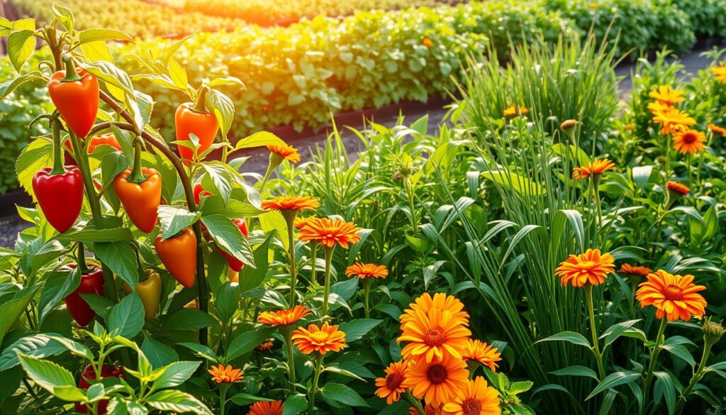 A lush, well-lit garden filled with the most complementary companion plants for peppers. In the foreground, thriving pepper plants stand tall, their vibrant leaves and ripe fruits shining under the warm sunlight. Surrounding them, a carefully curated selection of companion plants - fragrant basil, marigolds with their brilliant blooms, and the deep green leaves of chives, all working in harmony to create a visually stunning and mutually beneficial ecosystem. The midground showcases a diverse array of these plants, their shapes and colors forming a captivating tapestry. In the background, a neatly tended vegetable patch extends, hinting at the abundance and diversity of this thriving, pesticide-free garden.