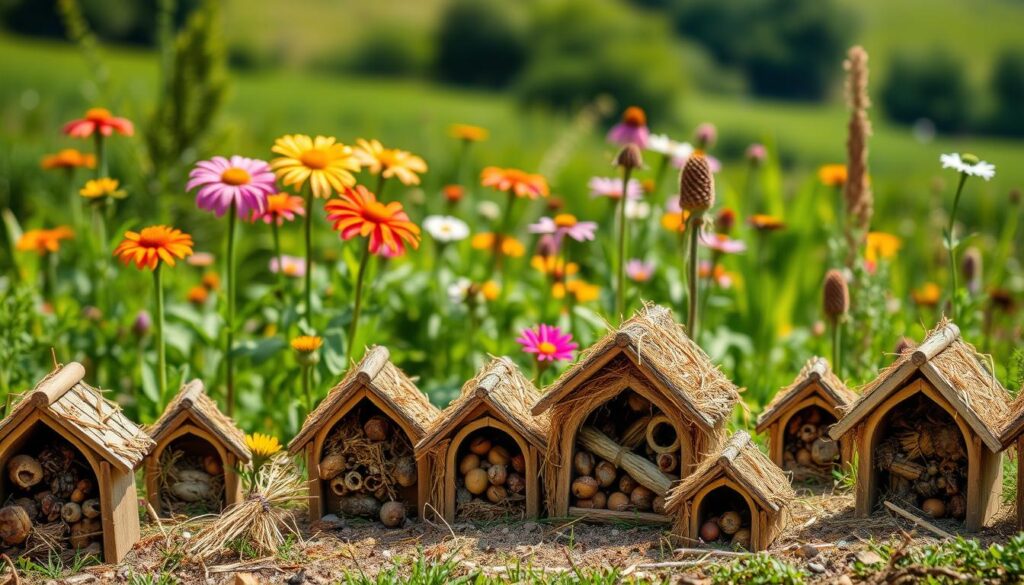 A lush, well-lit garden scene featuring an array of intricately designed "insect hotels" in the foreground. The hotels are constructed from natural materials like wood, straw, and pinecones, providing cozy nooks and crannies for a variety of beneficial insects to take shelter. In the middle ground, vibrant blooming flowers sway gently in the breeze, creating a welcoming habitat for pollinators. The background is a softly blurred, verdant landscape, suggesting a serene, tranquil setting. The overall mood is one of harmony, where nature and human-made elements coexist to create a flourishing, bug-friendly oasis.