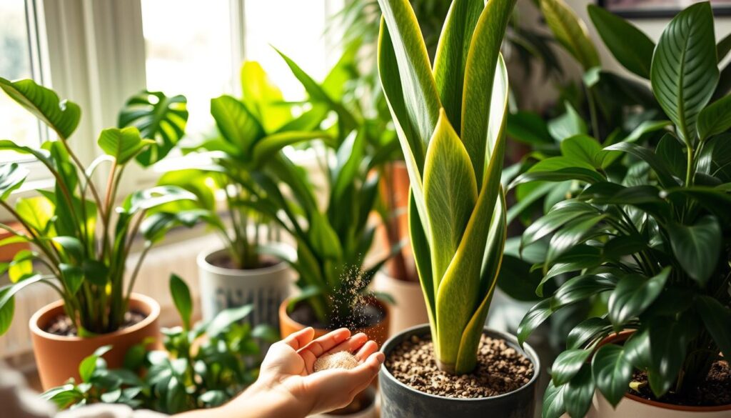 A lush, well-lit indoor scene featuring a person carefully fertilizing a variety of healthy, thriving houseplants. The foreground showcases the person's hands gently sprinkling a natural, organic fertilizer around the base of a snake plant, its vibrant green leaves standing tall. In the middle ground, other potted plants such as monstera, philodendron, and calathea surround the person, each responding with renewed vigor to the nurturing care. The background depicts a cozy, sunlit room with soft, diffused lighting highlighting the verdant foliage. The overall atmosphere conveys a sense of tranquility, growth, and the rewarding results of attentive plant care. A lush, well-lit indoor scene featuring a person carefully fertilizing a variety of healthy, thriving houseplants. The foreground showcases the person's hands gently sprinkling a natural, organic fertilizer around the base of a snake plant, its vibrant green leaves standing tall. In the middle ground, other potted plants such as monstera, philodendron, and calathea surround the person, each responding with renewed vigor to the nurturing care. The background depicts a cozy, sunlit room with soft, diffused lighting highlighting the verdant foliage. The overall atmosphere conveys a sense of tranquility, growth, and the rewarding results of attentive plant care.