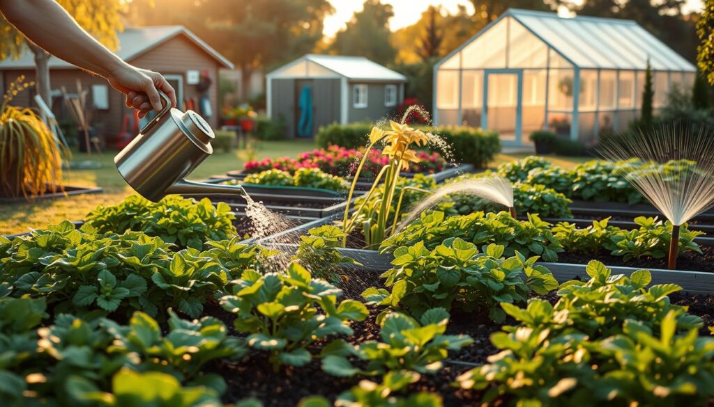 A lush, well-manicured garden with a focus on efficient watering methods. In the foreground, a person is carefully watering a variety of plants using a sleek, modern watering can. The middle ground showcases a range of garden beds, each with a different watering system - a drip irrigation setup, a soaker hose, and a targeted sprinkler system. The background features a shed with various gardening tools and a shimmering greenhouse in the distance, bathed in warm, golden sunlight. The overall scene conveys a sense of tranquility and a commitment to sustainable, water-wise gardening practices. A lush, well-manicured garden with a focus on efficient watering methods. In the foreground, a person is carefully watering a variety of plants using a sleek, modern watering can. The middle ground showcases a range of garden beds, each with a different watering system - a drip irrigation setup, a soaker hose, and a targeted sprinkler system. The background features a shed with various gardening tools and a shimmering greenhouse in the distance, bathed in warm, golden sunlight. The overall scene conveys a sense of tranquility and a commitment to sustainable, water-wise gardening practices.