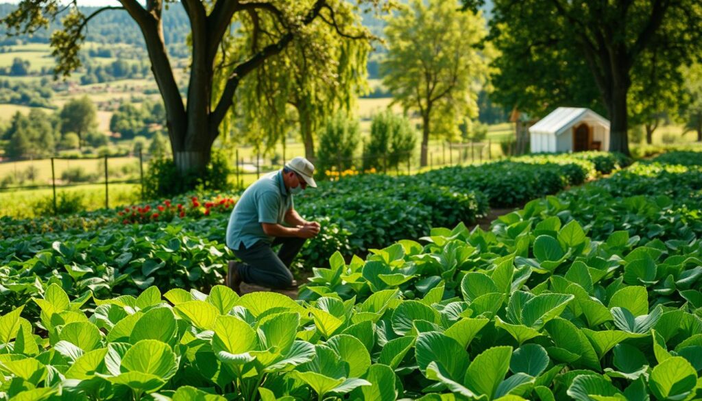 A lush, well-tended garden during the bolting season. The foreground features an array of verdant plants, their leaves gently swaying in the warm breeze. In the middle ground, a gardener kneels, carefully tending to the plants, pruning and harvesting the bolted flowers and leaves. The background showcases a vibrant, diverse landscape - towering trees, a meandering path, and a distant shed or greenhouse. The scene is bathed in soft, natural lighting, creating a serene, photorealistic atmosphere. The overall impression is one of mindful, intentional garden management, where the gardener works in harmony with the natural cycle of growth and renewal.