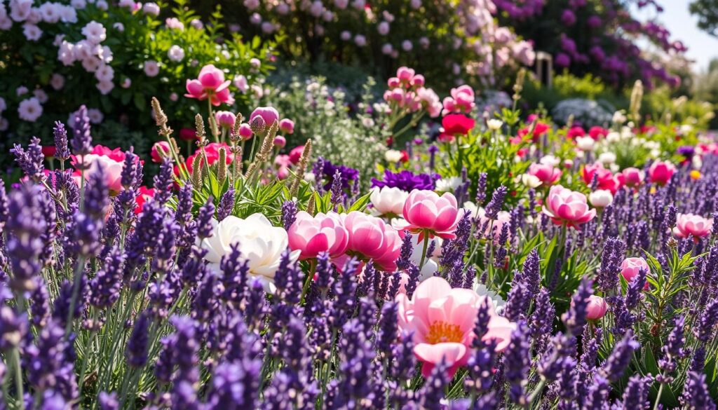 A meticulously arranged flower bed, its vibrant hues and captivating aromas drawing the viewer in. In the foreground, a lush carpet of fragrant lavender, its delicate purple blooms swaying gently in the breeze. Nestled amongst the lavender, a profusion of velvety-petaled peonies in shades of pink and white, their heady scent permeating the air. In the middle ground, a mix of fragrant herbs - rosemary, thyme, and mint - their leaves rustling softly. In the background, a verdant canopy of flowering shrubs and trees, their blossoms adding depth and complexity to the scene. The lighting is soft and natural, casting a warm, inviting glow over the entire composition. The overall effect is one of layered, harmonious beauty, drawing the viewer into a serene and sensory-rich garden experience. A meticulously arranged flower bed, its vibrant hues and captivating aromas drawing the viewer in. In the foreground, a lush carpet of fragrant lavender, its delicate purple blooms swaying gently in the breeze. Nestled amongst the lavender, a profusion of velvety-petaled peonies in shades of pink and white, their heady scent permeating the air. In the middle ground, a mix of fragrant herbs - rosemary, thyme, and mint - their leaves rustling softly. In the background, a verdant canopy of flowering shrubs and trees, their blossoms adding depth and complexity to the scene. The lighting is soft and natural, casting a warm, inviting glow over the entire composition. The overall effect is one of layered, harmonious beauty, drawing the viewer into a serene and sensory-rich garden experience.