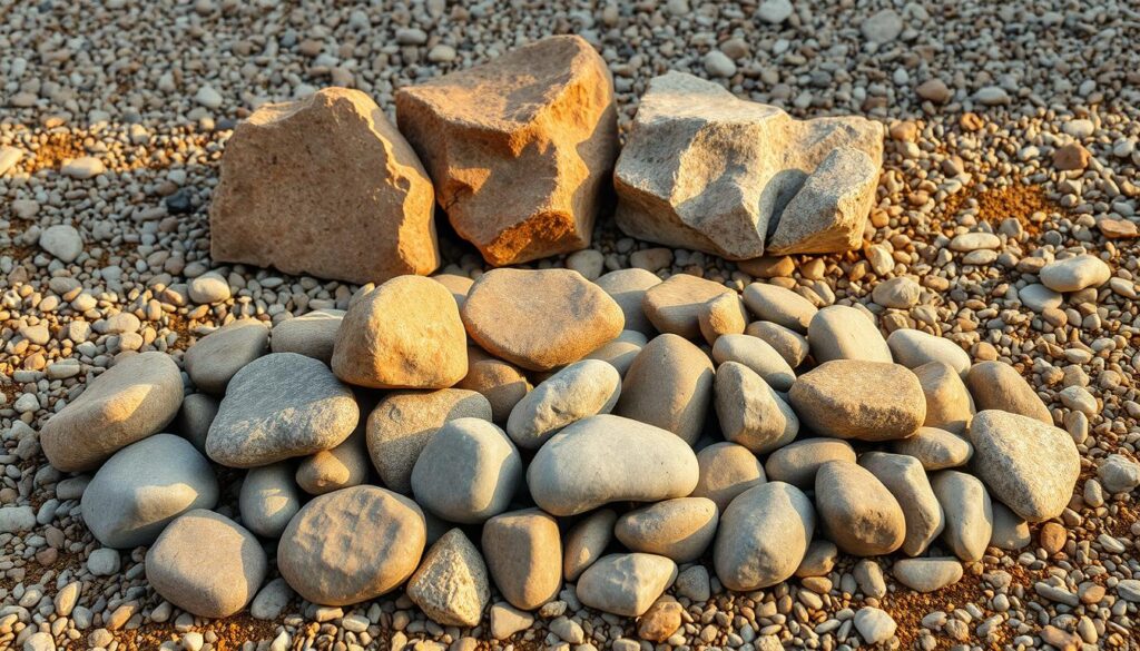 A meticulously crafted arrangement of decorative rocks, expertly curated to elevate the aesthetic appeal of a dry garden. In the foreground, a cluster of smooth, rounded river rocks in shades of gray and beige, strategically positioned to create a natural, organic flow. In the middle ground, larger, angular boulders in hues of earthy brown and ochre, their rugged textures adding depth and visual interest. The background features a scattering of smaller pebbles and stones, their varied shapes and colors creating a harmonious, textured backdrop. Illuminated by warm, directional lighting, the scene exudes a sense of tranquility and balance, perfectly complementing the natural setting. Photorealistic and well-lit, this image captures the essence of enhancing a dry garden's aesthetics with thoughtfully selected decorative rocks.