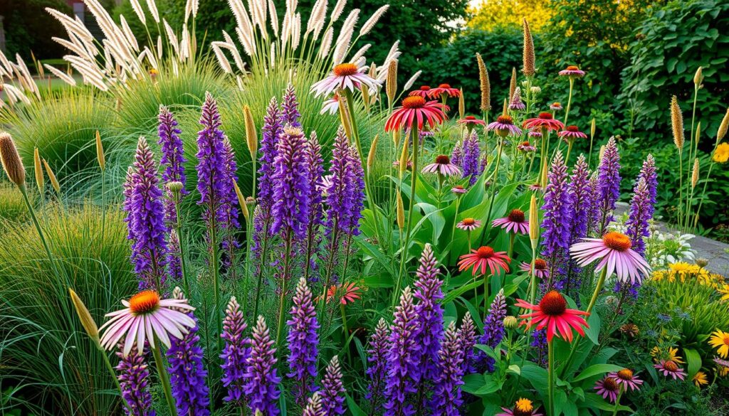 A mixed border featuring Salvia nemorosa 'Caradonna' with ornamental grasses and early spring bulbs