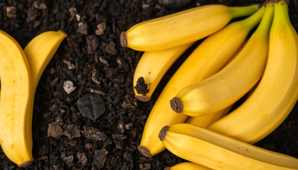 A neatly arranged composition depicting several fresh banana peels, their vibrant yellow hues contrasting against a rich, dark brown soil. The peels are strategically placed, showcasing their texture and organic nature. The lighting is soft and diffused, creating a warm, earthy ambiance that highlights the natural tones and shapes. The focus is sharp, drawing the viewer's attention to the details of the banana peels and the soil, emphasizing their symbiotic relationship. The overall scene conveys a sense of harmony and the potential for growth, hinting at the transformative power of this natural mulch.